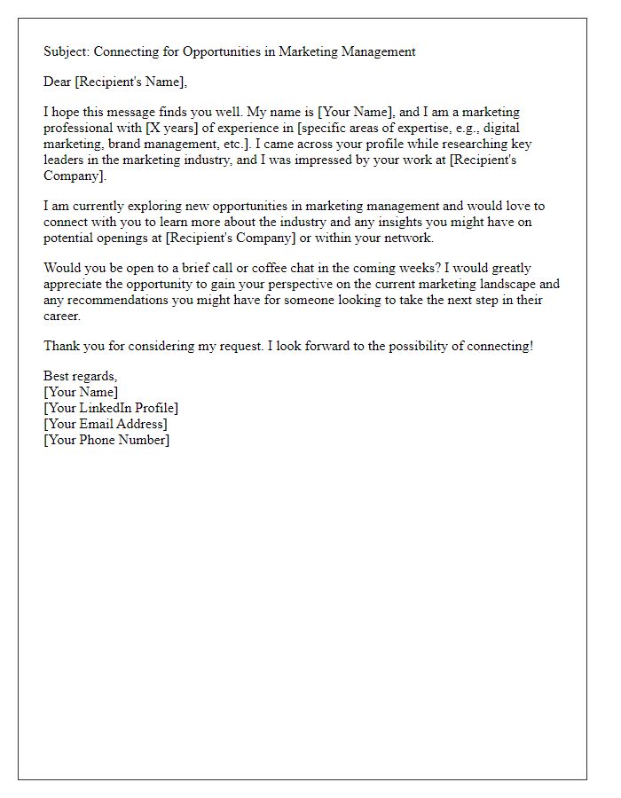 Letter template of networking outreach for marketing manager roles