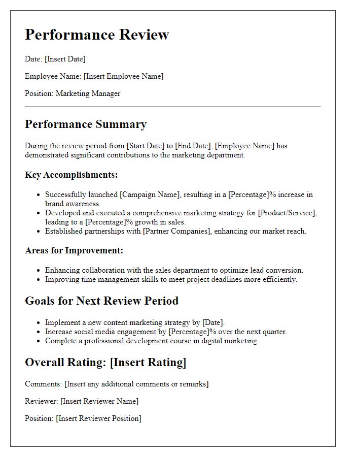 Letter template of performance review for marketing manager