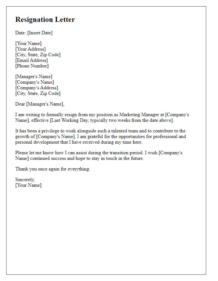 Letter template of resignation from marketing manager position