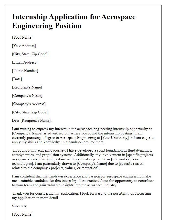 Letter template of engineering internship application for aerospace engineering opportunities