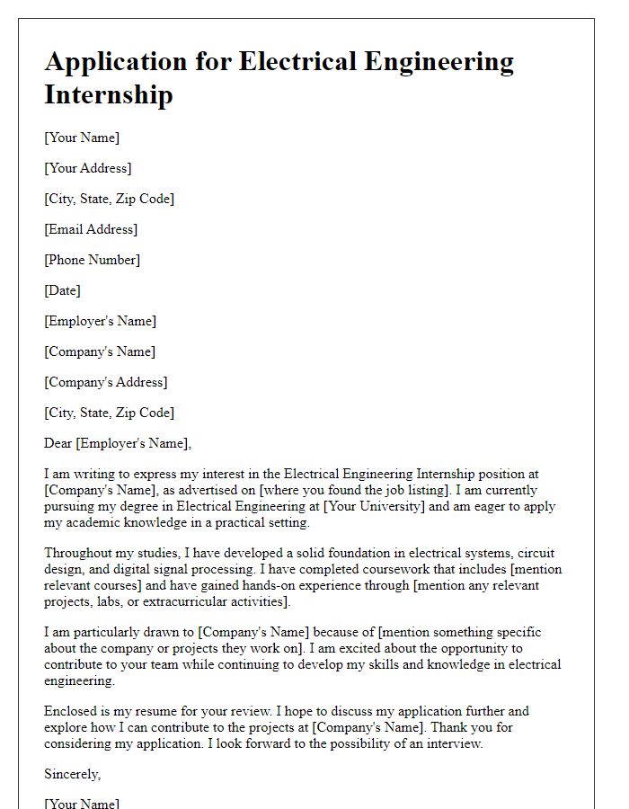 Letter template of engineering internship application for electrical engineering candidates