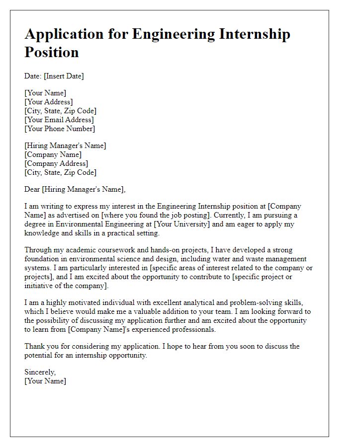 Letter template of engineering internship application for environmental engineering positions