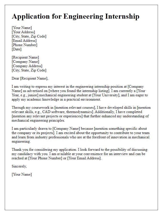 Letter template of engineering internship application for mechanical engineering students