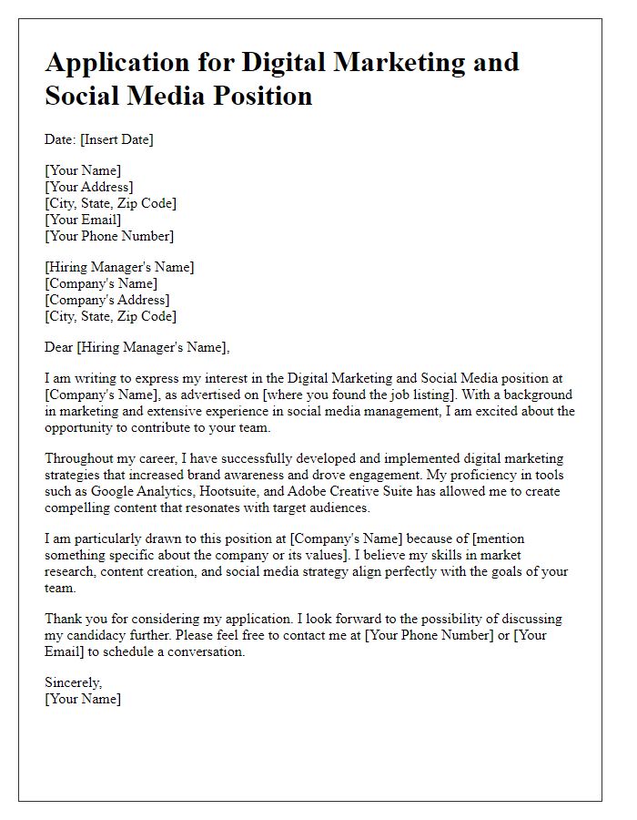 Letter template of application for digital marketing and social media position