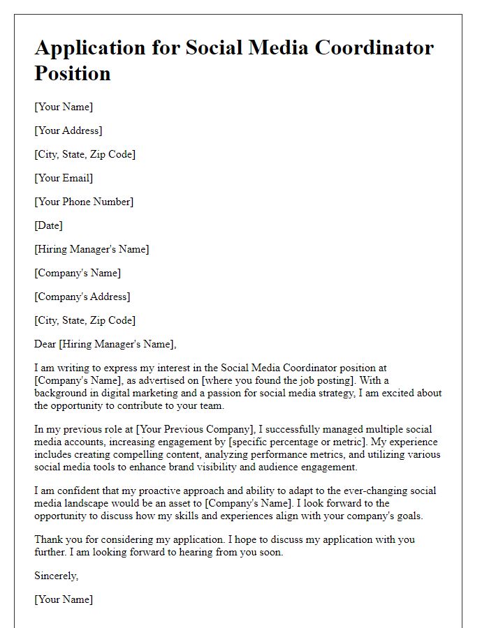 Letter template of application for social media coordinator