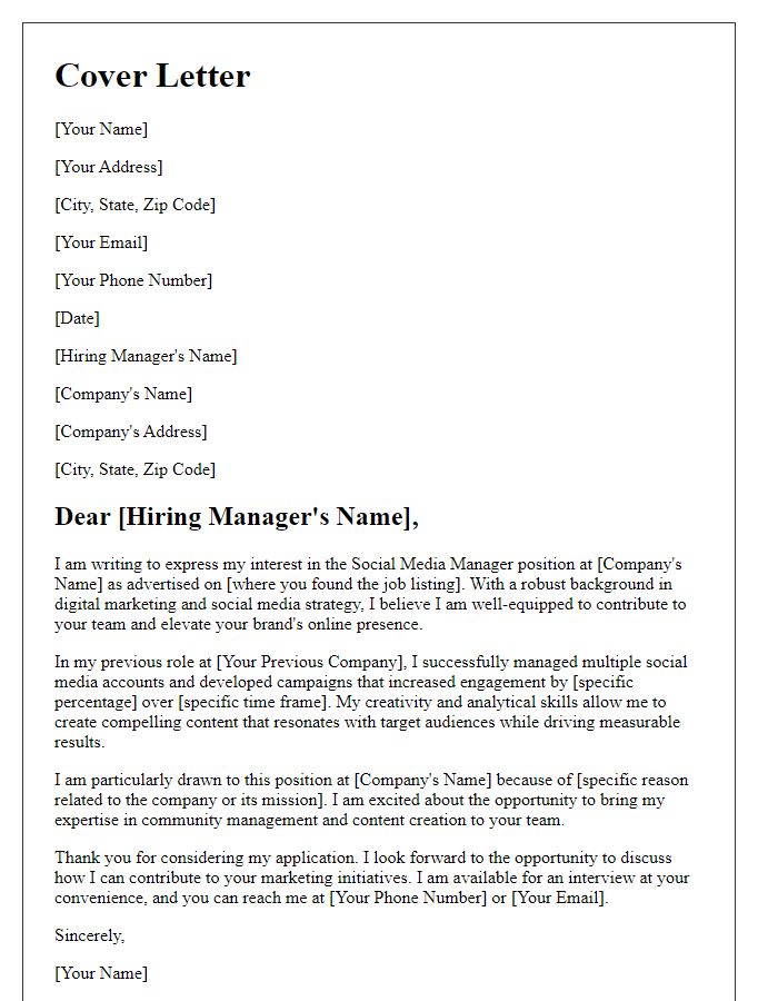 Letter template of cover letter for social media manager