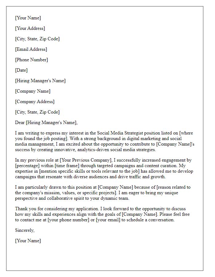 Letter template of formal application for social media strategist role