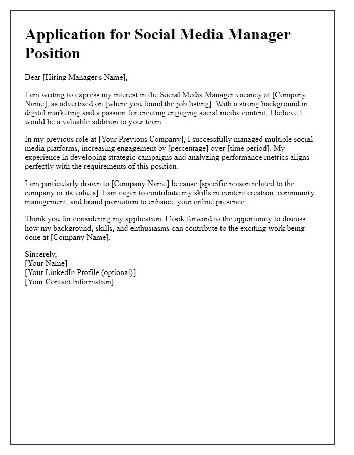 Letter template of interest in social media manager vacancy