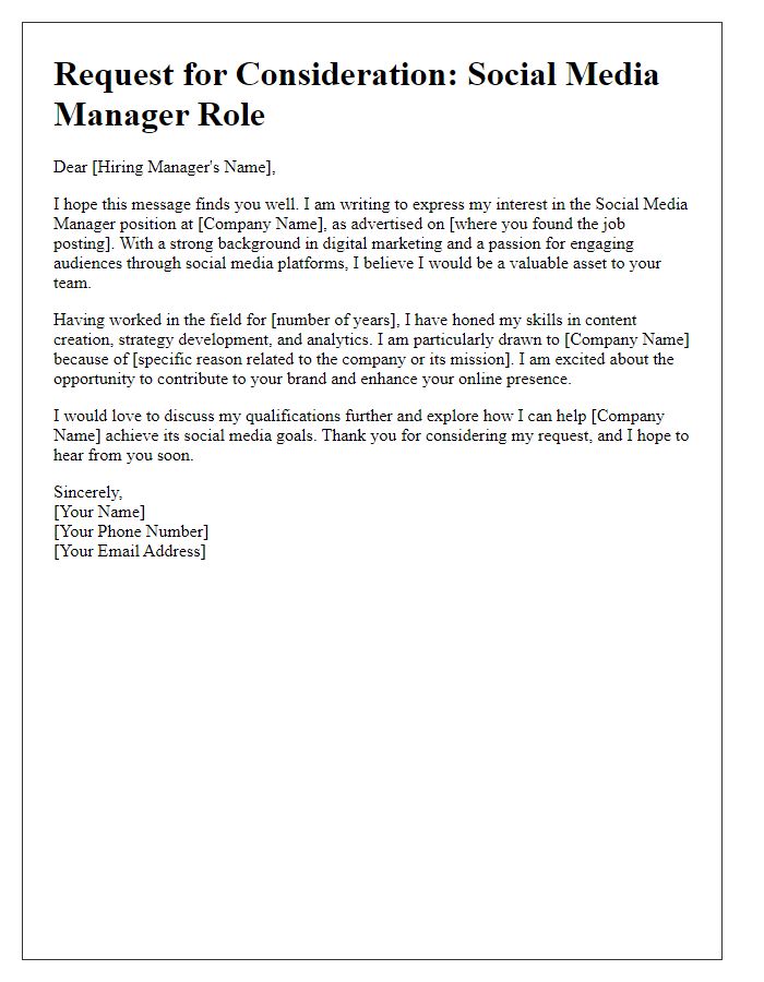 Letter template of request for social media manager role