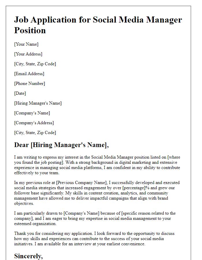 Letter template of social media manager job application