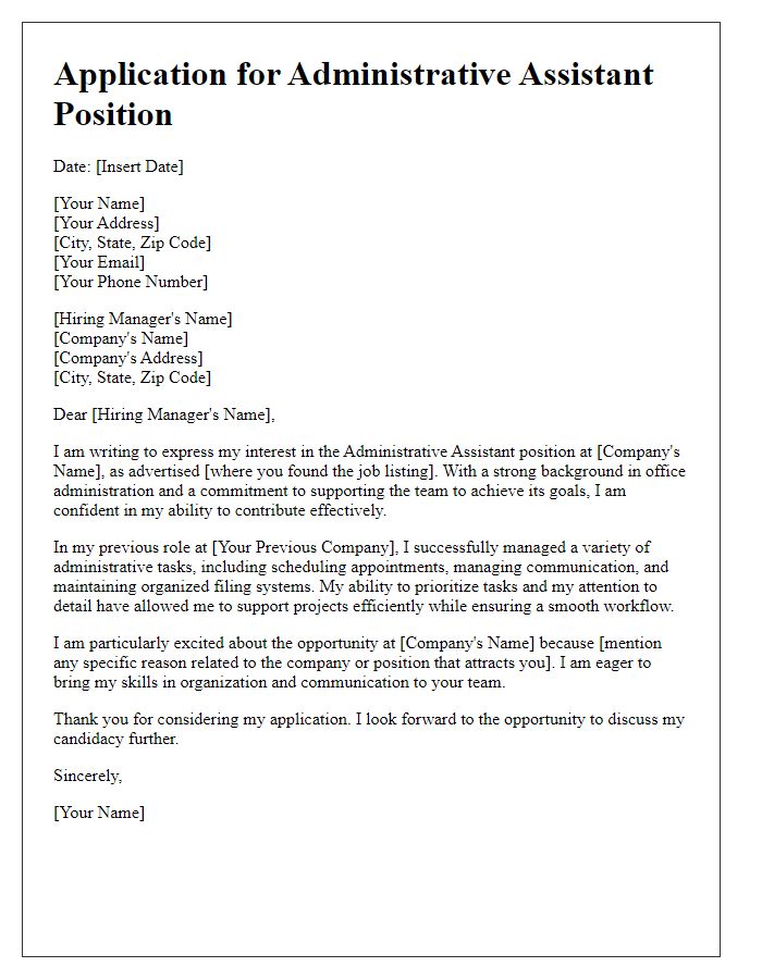 Letter template of application for administrative assistant position