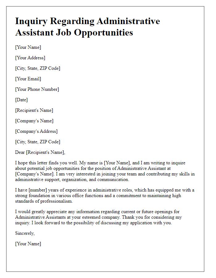 Letter template of inquiry for administrative assistant job opportunities