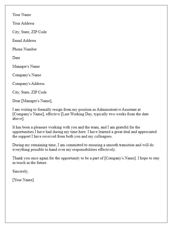 Letter template of resignation from administrative assistant position