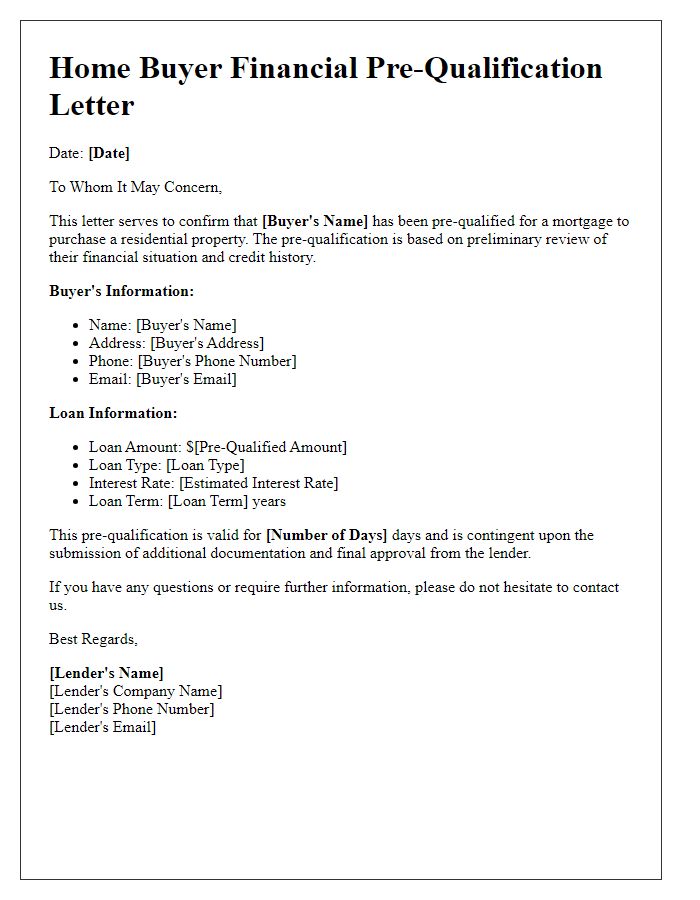 Letter template of home buyer financial pre-qualification