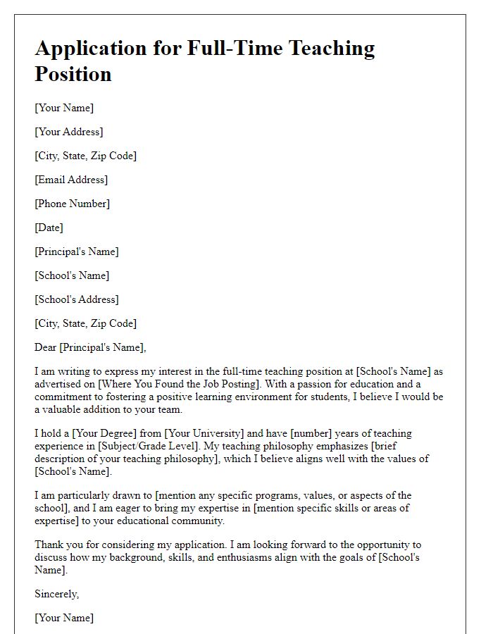 Letter template of application for a full-time teaching position