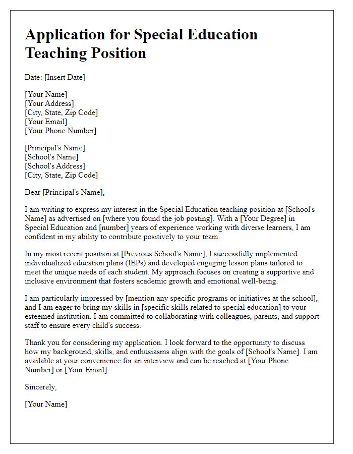 Letter template of application for a special education teaching position