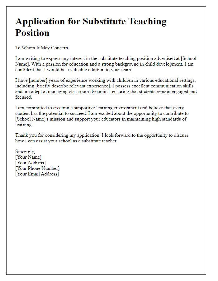 Letter template of application for a substitute teaching position