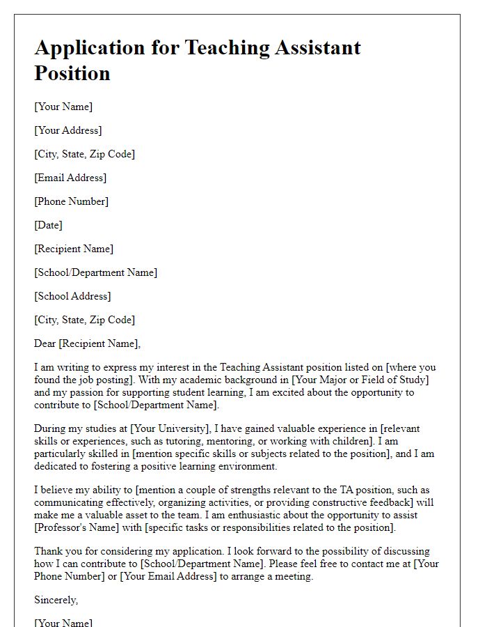 Letter template of application for a teaching assistant position