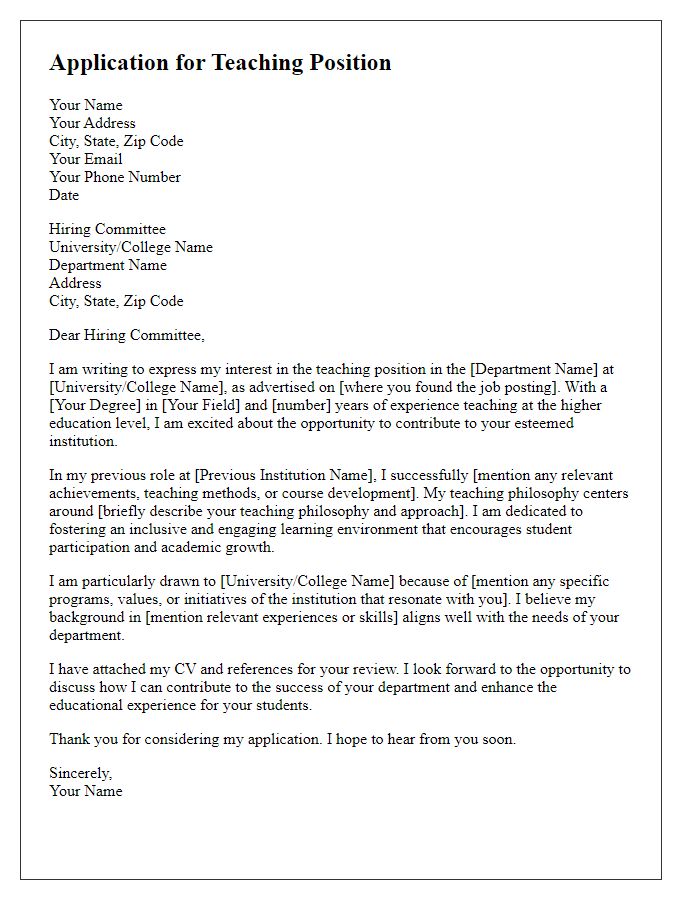 Letter template of application for a teaching position in higher education