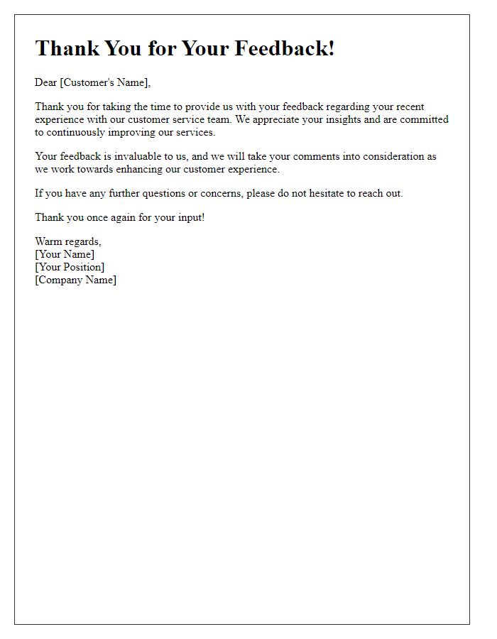 Letter template of acknowledgement for customer service feedback