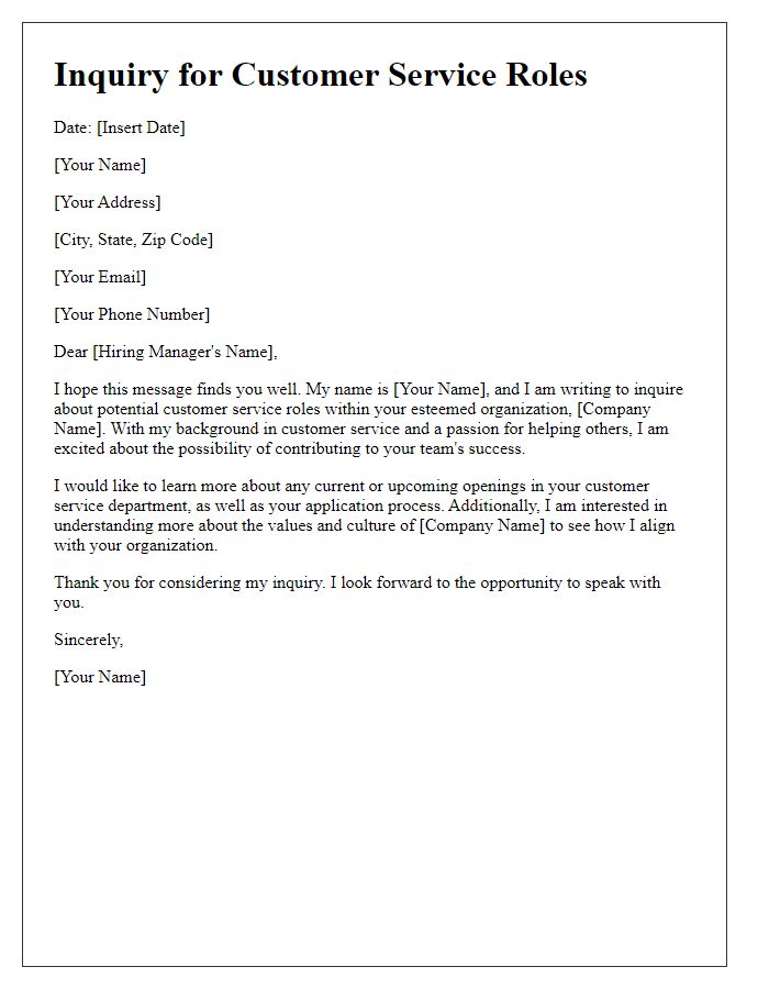 Letter template of inquiry for customer service roles