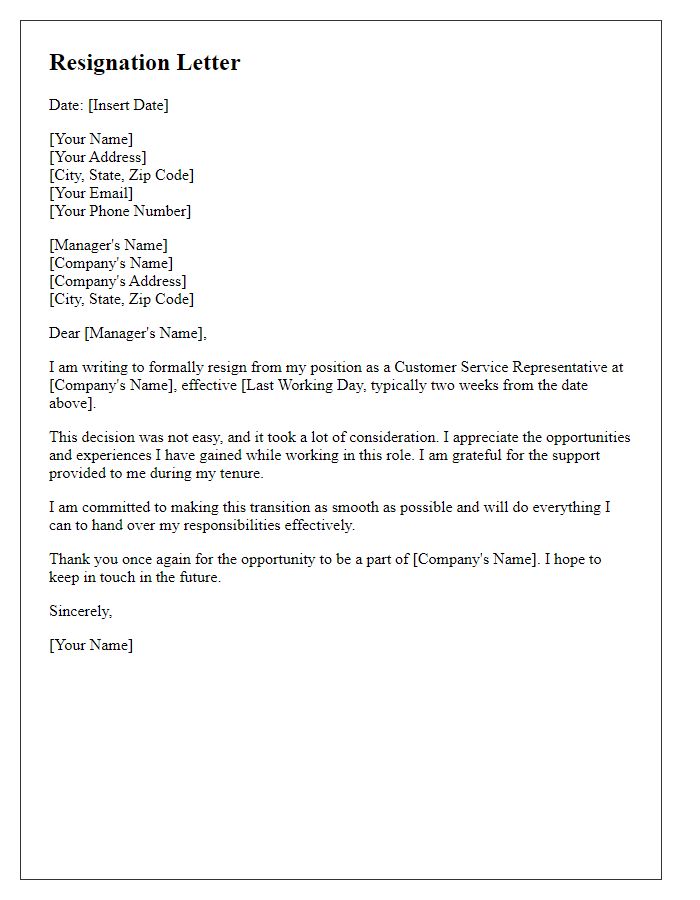 Letter template of resignation for customer service employees