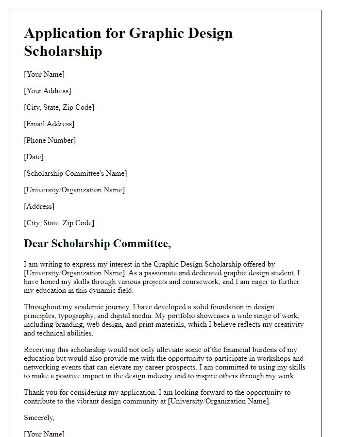 Letter template of application for graphic design scholarship.