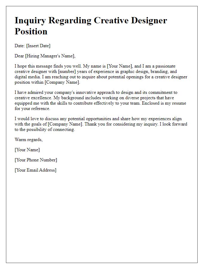 Letter template of creative designer position inquiry.