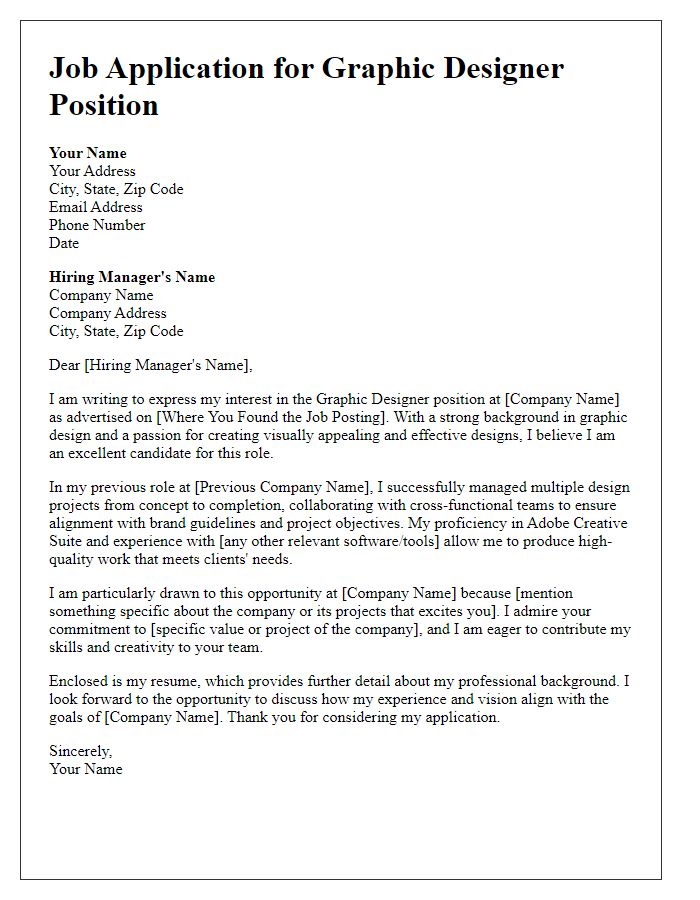 Letter template of graphic designer job application.