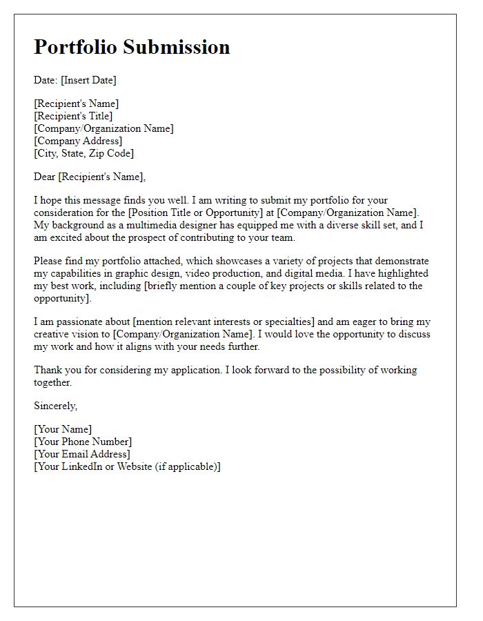 Letter template of multimedia designer portfolio submission.