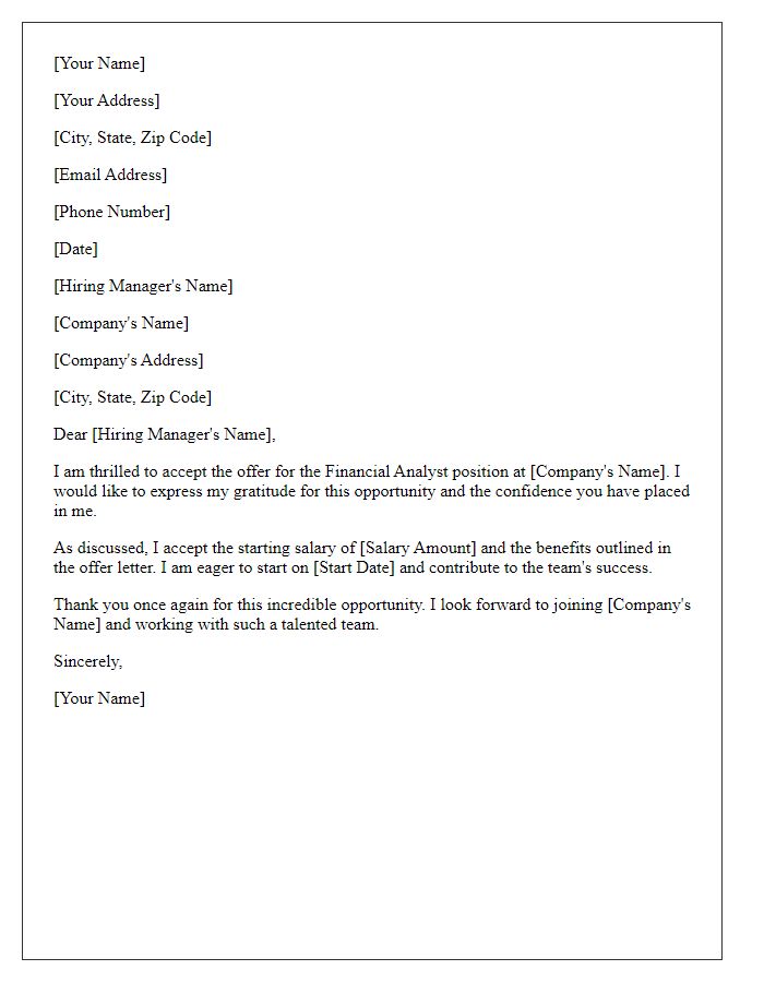 Letter template of acceptance for financial analyst job offer.