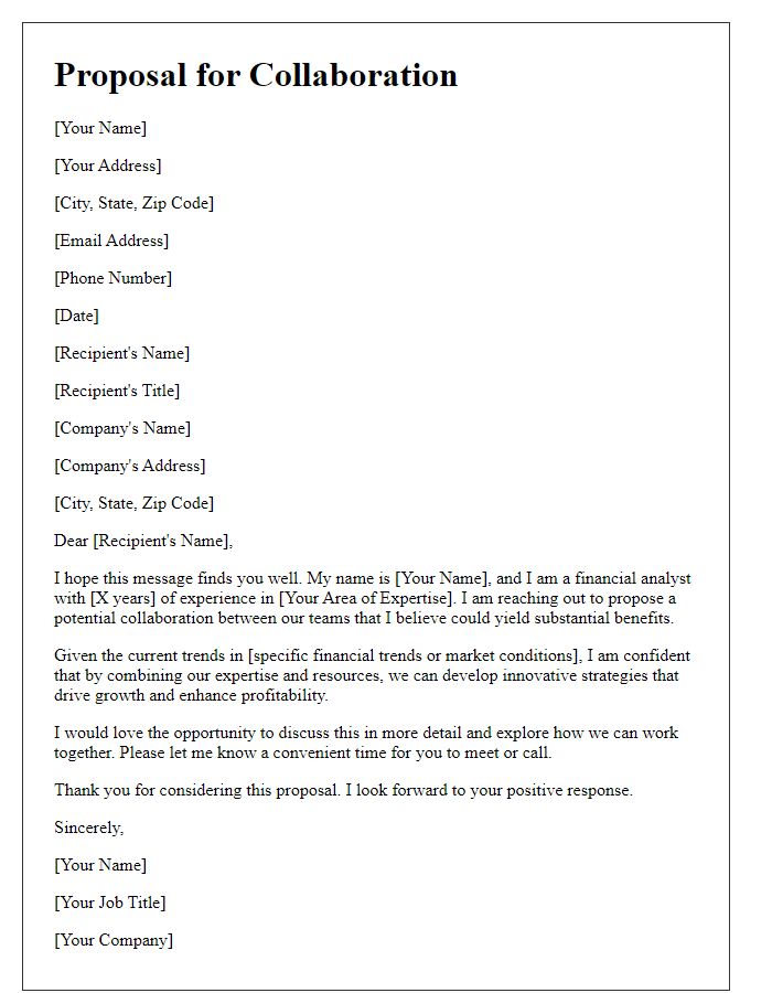 Letter template of proposal for collaboration as a financial analyst.