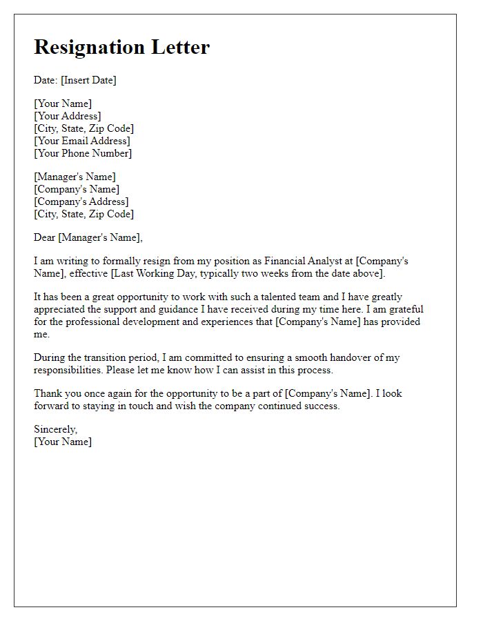 Letter template of resignation from financial analyst position.