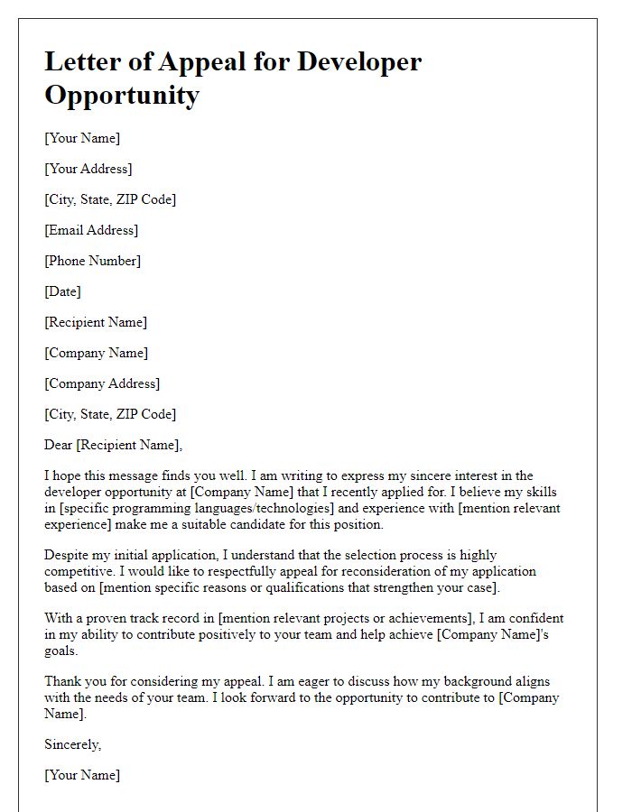 Letter template of appeal for developer opportunity