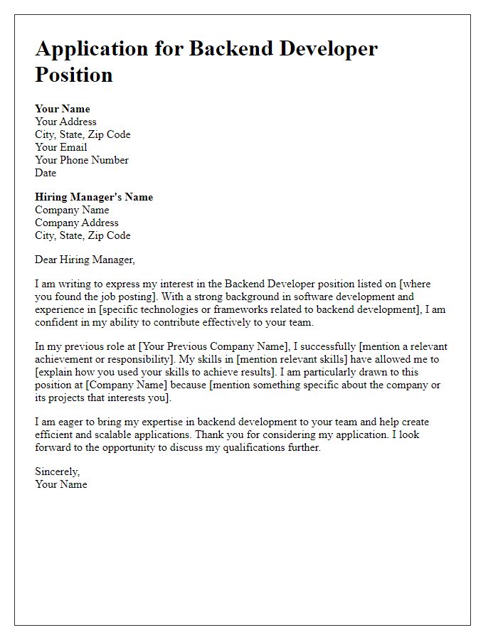 Letter template of application for backend developer position