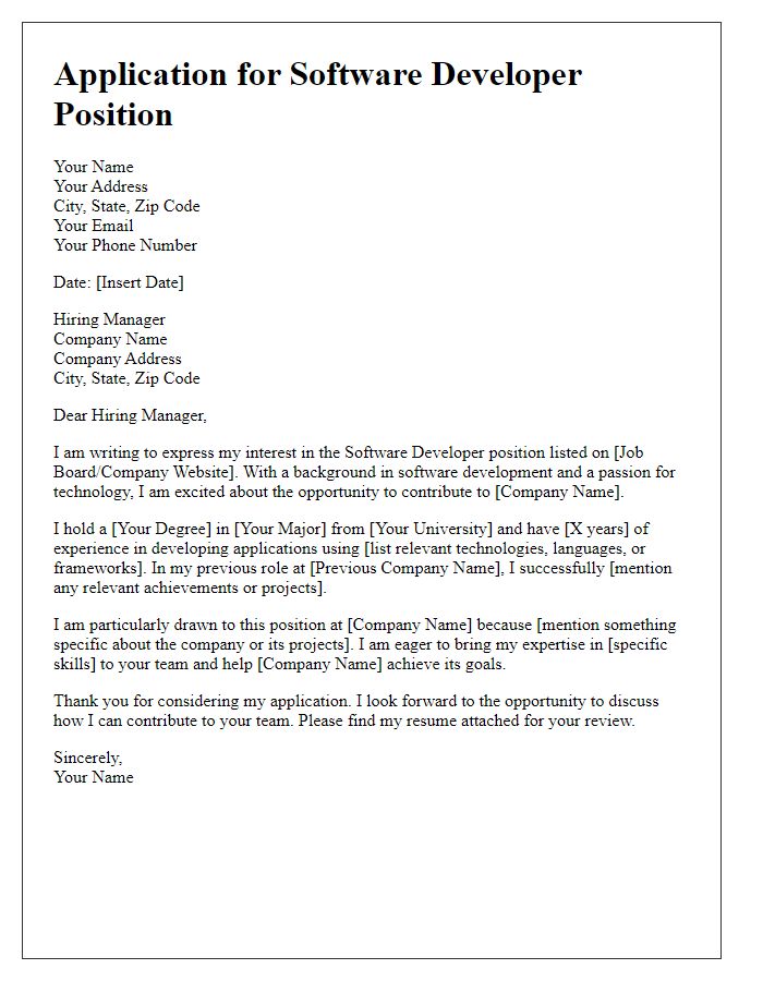 Letter template of application for software developer position