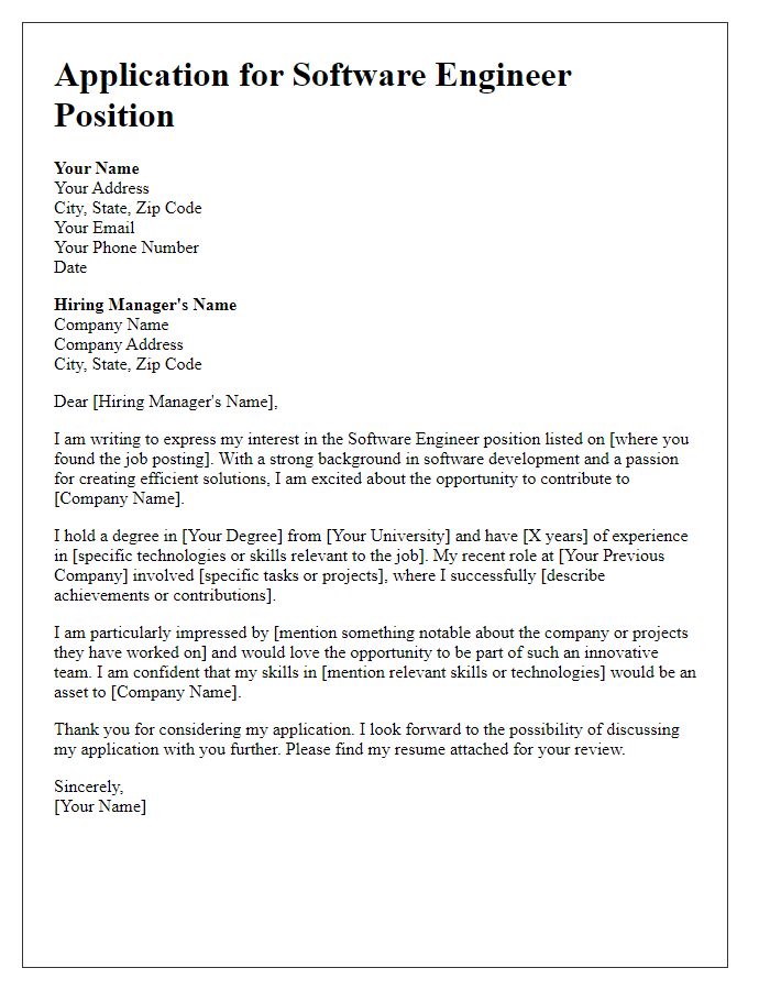 Letter template of application for software engineer job