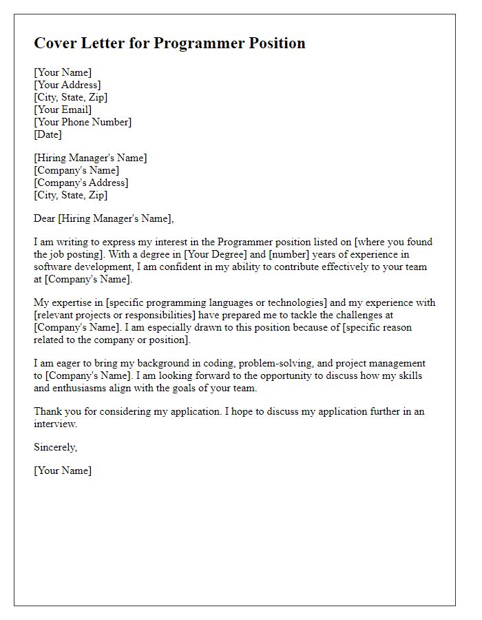 Letter template of cover letter for programmer vacancy