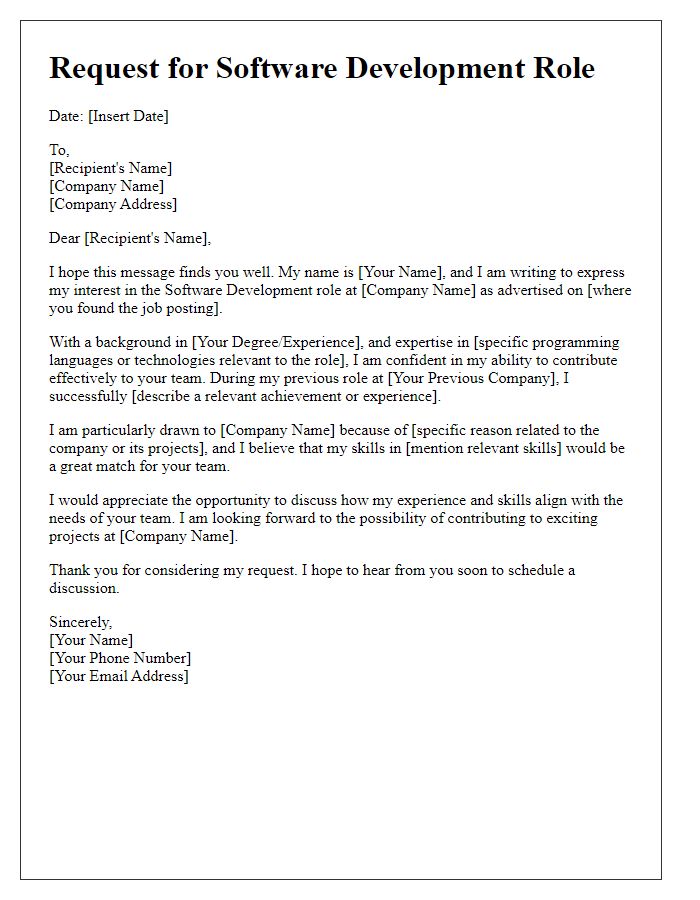 Letter template of request for software development role