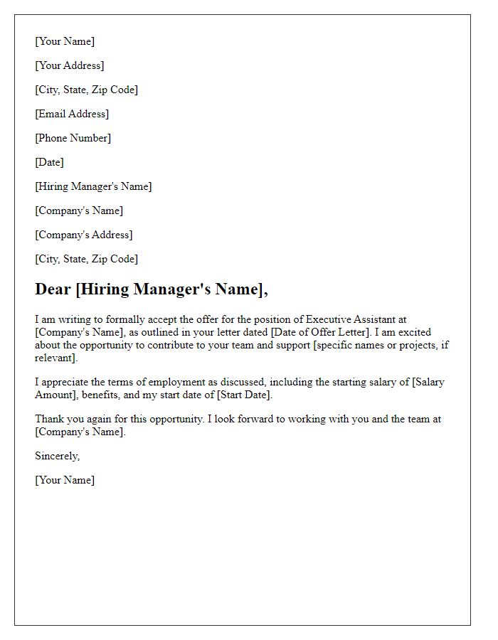 Letter template of acceptance of executive assistant job offer