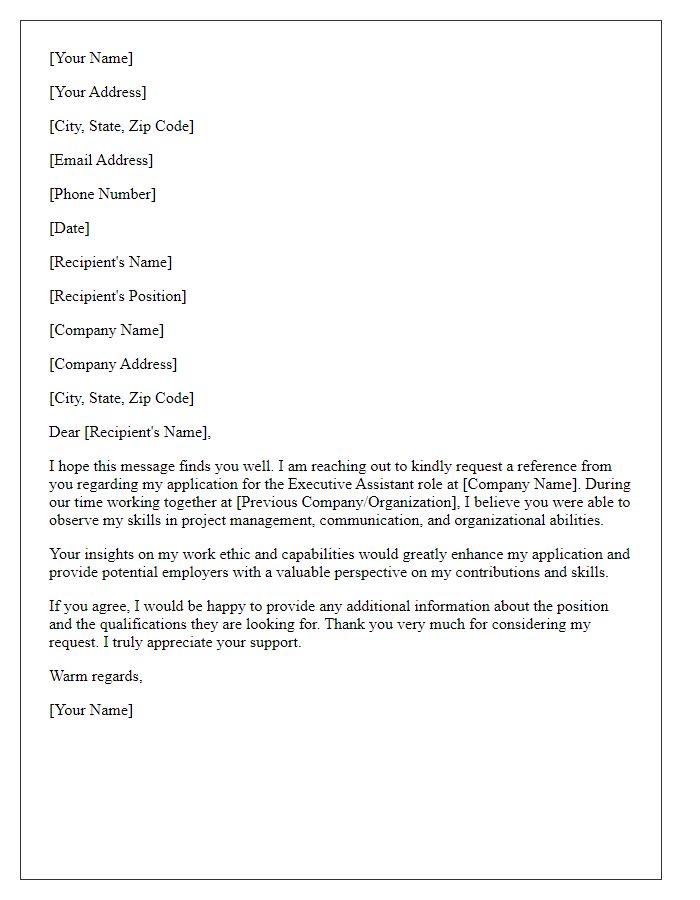 Letter template of request for a reference for an executive assistant role