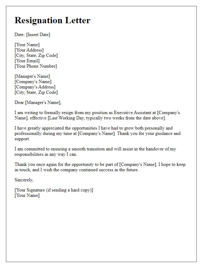 Letter template of resignation for an executive assistant