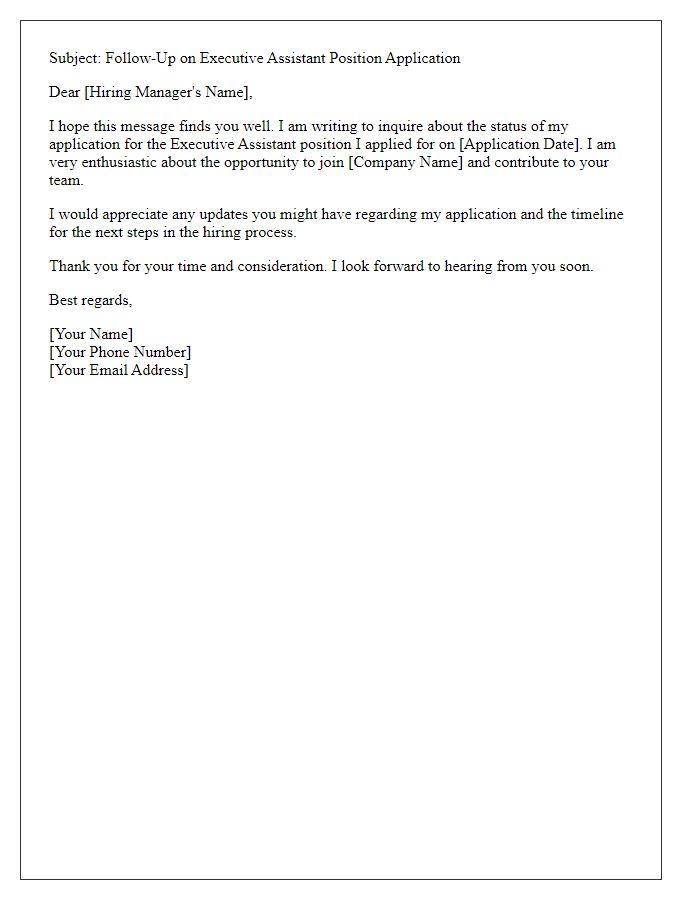 Letter template of update request to a hiring manager for executive assistant position