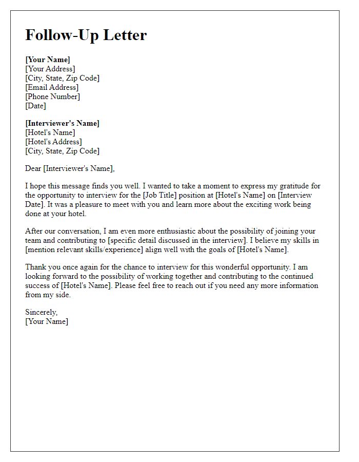 Letter template of follow-up after job interview in hotels