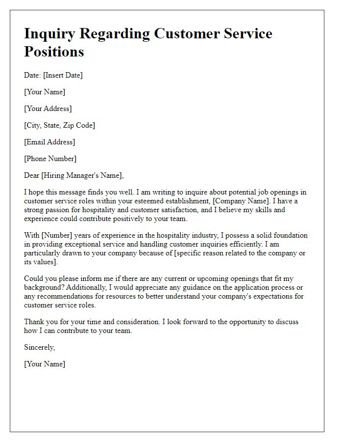 Letter template of inquiry for customer service roles in hospitality