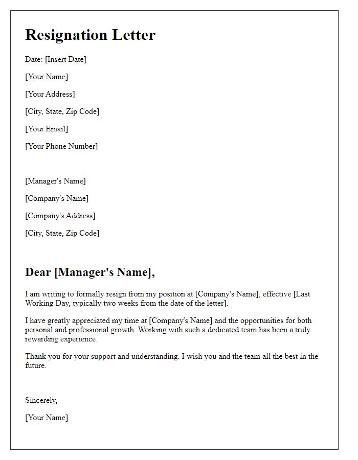 Letter template of resignation letter for hospitality workers