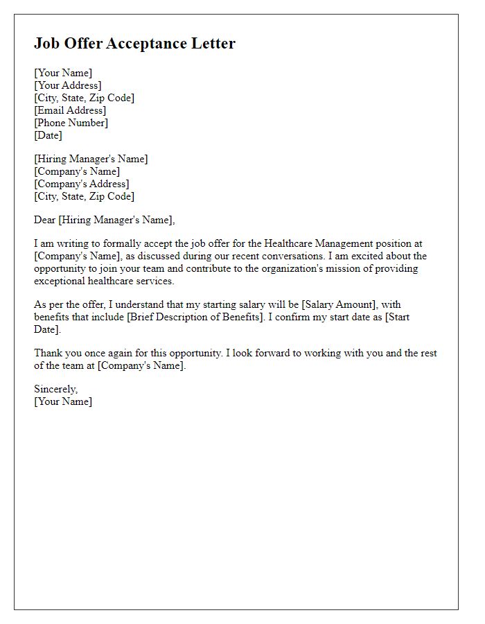 Letter template of acceptance for healthcare management job offer