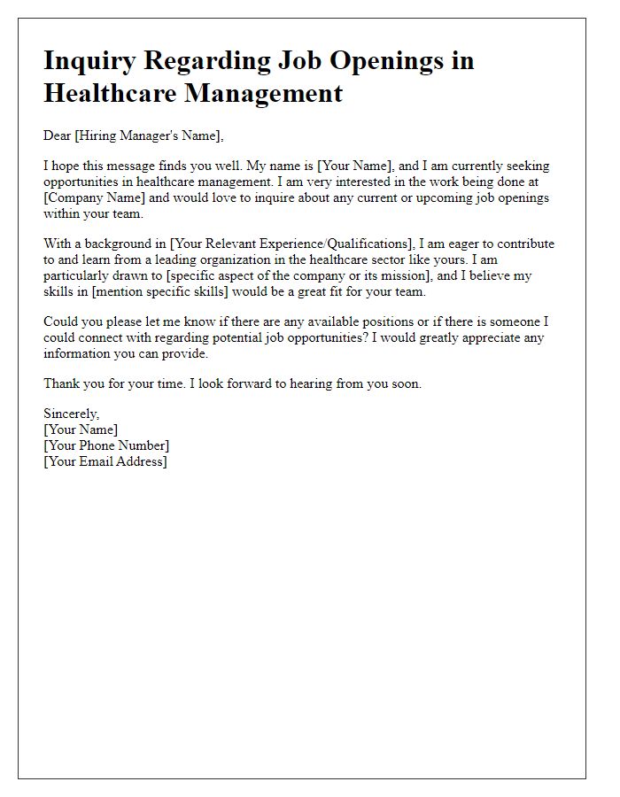 Letter template of inquiry for healthcare management job openings