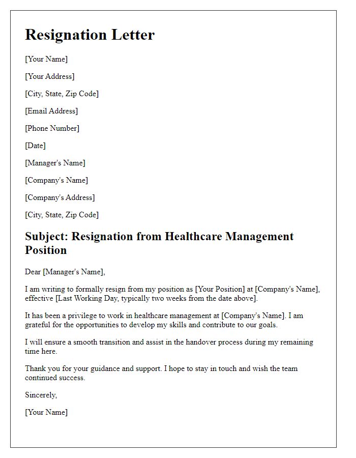 Letter template of resignation from healthcare management role