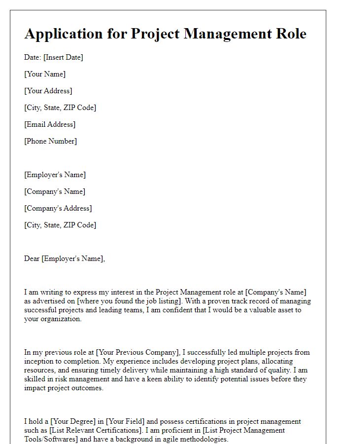 Letter template of application for project management roles